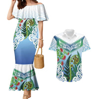 Aotearoa New Zealand Natural Plants Couples Matching Mermaid Dress and Hawaiian Shirt Pohutukawa with Silver Ferns Koru Frond Maori Tattoos LT03 Multicolor - Polynesian Pride
