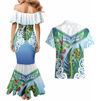 Aotearoa New Zealand Natural Plants Couples Matching Mermaid Dress and Hawaiian Shirt Pohutukawa with Silver Ferns Koru Frond Maori Tattoos LT03 - Polynesian Pride