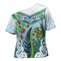 Aotearoa New Zealand Natural Plants Cross Shoulder Shirt Pohutukawa with Silver Ferns Koru Frond Maori Tattoos LT03 - Polynesian Pride