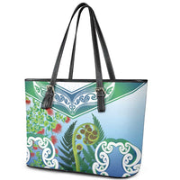Aotearoa New Zealand Natural Plants Leather Tote Bag Pohutukawa with Silver Ferns Koru Frond Maori Tattoos