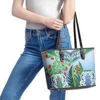 Aotearoa New Zealand Natural Plants Leather Tote Bag Pohutukawa with Silver Ferns Koru Frond Maori Tattoos