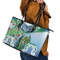 Aotearoa New Zealand Natural Plants Leather Tote Bag Pohutukawa with Silver Ferns Koru Frond Maori Tattoos