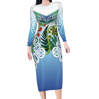 Aotearoa New Zealand Natural Plants Long Sleeve Bodycon Dress Pohutukawa with Silver Ferns Koru Frond Maori Tattoos LT03 Long Dress Multicolor - Polynesian Pride