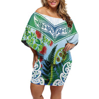 Aotearoa New Zealand Natural Plants Off Shoulder Short Dress Pohutukawa with Silver Ferns Koru Frond Maori Tattoos