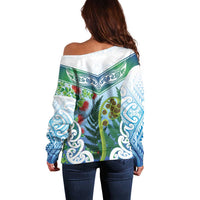 Aotearoa New Zealand Natural Plants Off Shoulder Sweater Pohutukawa with Silver Ferns Koru Frond Maori Tattoos LT03 - Polynesian Pride