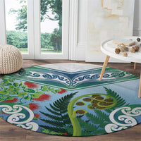 Aotearoa New Zealand Natural Plants Round Carpet Pohutukawa with Silver Ferns Koru Frond Maori Tattoos LT03 - Polynesian Pride
