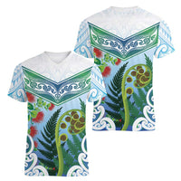 Aotearoa New Zealand Natural Plants Women V-Neck T-Shirt Pohutukawa with Silver Ferns Koru Frond Maori Tattoos LT03 - Polynesian Pride