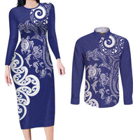 New Zealand Sea Animals with Maori Tribal Tattoo Couples Matching Long Sleeve Bodycon Dress and Long Sleeve Button Shirt Blue Color LT03 Blue - Polynesian Pride
