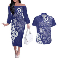 New Zealand Sea Animals with Maori Tribal Tattoo Couples Matching Off The Shoulder Long Sleeve Dress and Hawaiian Shirt Blue Color LT03 Blue - Polynesian Pride