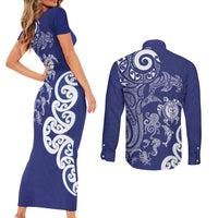 New Zealand Sea Animals with Maori Tribal Tattoo Couples Matching Short Sleeve Bodycon Dress and Long Sleeve Button Shirt Blue Color LT03 - Polynesian Pride