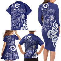 New Zealand Sea Animals with Maori Tribal Tattoo Family Matching Long Sleeve Bodycon Dress and Hawaiian Shirt Blue Color LT03 - Polynesian Pride