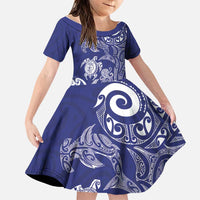 New Zealand Sea Animals with Maori Tribal Tattoo Family Matching Short Sleeve Bodycon Dress and Hawaiian Shirt Blue Color LT03 Daughter's Dress Blue - Polynesian Pride