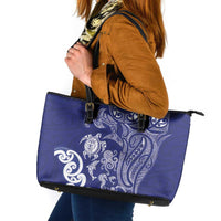 New Zealand Sea Animals with Maori Tribal Tattoo Leather Tote Bag Blue Color