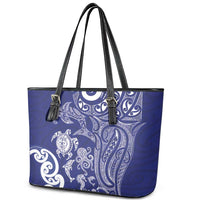 New Zealand Sea Animals with Maori Tribal Tattoo Leather Tote Bag Blue Color