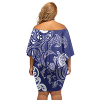 New Zealand Sea Animals with Maori Tribal Tattoo Off Shoulder Short Dress Blue Color