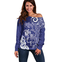 New Zealand Sea Animals with Maori Tribal Tattoo Off Shoulder Sweater Blue Color