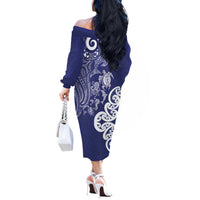 New Zealand Sea Animals with Maori Tribal Tattoo Off The Shoulder Long Sleeve Dress Blue Color LT03 - Polynesian Pride