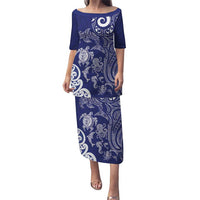 New Zealand Sea Animals with Maori Tribal Tattoo Puletasi Blue Color LT03 Long Dress Blue - Polynesian Pride
