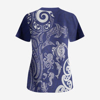 New Zealand Sea Animals with Maori Tribal Tattoo Scrub Top Blue Color
