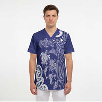 New Zealand Sea Animals with Maori Tribal Tattoo Scrub Top Blue Color
