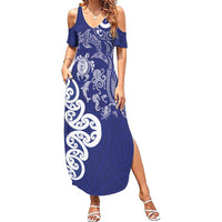 New Zealand Sea Animals with Maori Tribal Tattoo Summer Maxi Dress Blue Color LT03 Women Blue - Polynesian Pride