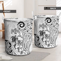 New Zealand Sea Animals with Maori Tribal Tattoo Laundry Basket White Color