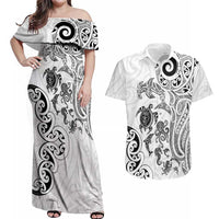 New Zealand Sea Animals with Maori Tribal Tattoo Couples Matching Off Shoulder Maxi Dress and Hawaiian Shirt White Color LT03 White - Polynesian Pride