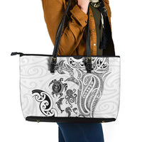 New Zealand Sea Animals with Maori Tribal Tattoo Leather Tote Bag White Color