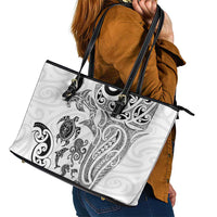 New Zealand Sea Animals with Maori Tribal Tattoo Leather Tote Bag White Color