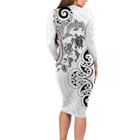 New Zealand Sea Animals with Maori Tribal Tattoo Long Sleeve Bodycon Dress White Color LT03 - Polynesian Pride
