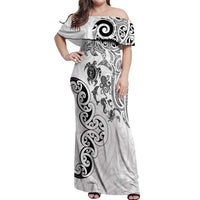 New Zealand Sea Animals with Maori Tribal Tattoo Off Shoulder Maxi Dress White Color LT03 Women White - Polynesian Pride