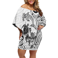New Zealand Sea Animals with Maori Tribal Tattoo Off Shoulder Short Dress White Color LT03 Women White - Polynesian Pride