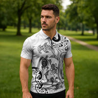 New Zealand Sea Animals with Maori Tribal Tattoo Zipper Polo Shirt White Color LT03 - Polynesian Pride