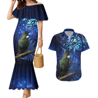 New Zealand Tui Bird Matariki Couples Matching Mermaid Dress and Hawaiian Shirt Maori New Year with Galaxy Fern LT03 Blue - Polynesian Pride