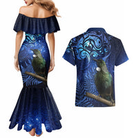 New Zealand Tui Bird Matariki Couples Matching Mermaid Dress and Hawaiian Shirt Maori New Year with Galaxy Fern LT03 - Polynesian Pride