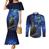 New Zealand Tui Bird Matariki Couples Matching Mermaid Dress and Long Sleeve Button Shirt Maori New Year with Galaxy Fern LT03 Blue - Polynesian Pride