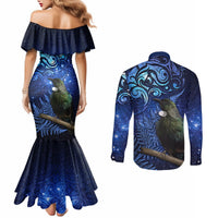 New Zealand Tui Bird Matariki Couples Matching Mermaid Dress and Long Sleeve Button Shirt Maori New Year with Galaxy Fern LT03 - Polynesian Pride