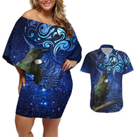 New Zealand Tui Bird Matariki Couples Matching Off Shoulder Short Dress and Hawaiian Shirt Maori New Year with Galaxy Fern LT03 Blue - Polynesian Pride