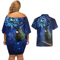 New Zealand Tui Bird Matariki Couples Matching Off Shoulder Short Dress and Hawaiian Shirt Maori New Year with Galaxy Fern LT03 - Polynesian Pride
