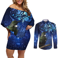New Zealand Tui Bird Matariki Couples Matching Off Shoulder Short Dress and Long Sleeve Button Shirt Maori New Year with Galaxy Fern LT03 Blue - Polynesian Pride