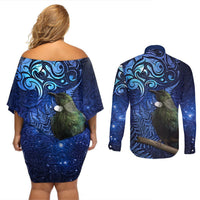 New Zealand Tui Bird Matariki Couples Matching Off Shoulder Short Dress and Long Sleeve Button Shirt Maori New Year with Galaxy Fern LT03 - Polynesian Pride