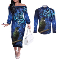 New Zealand Tui Bird Matariki Couples Matching Off The Shoulder Long Sleeve Dress and Long Sleeve Button Shirt Maori New Year with Galaxy Fern LT03 Blue - Polynesian Pride