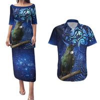 New Zealand Tui Bird Matariki Couples Matching Puletasi and Hawaiian Shirt Maori New Year with Galaxy Fern LT03 Blue - Polynesian Pride