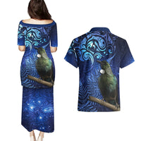 New Zealand Tui Bird Matariki Couples Matching Puletasi and Hawaiian Shirt Maori New Year with Galaxy Fern LT03 - Polynesian Pride