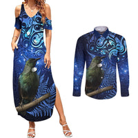 New Zealand Tui Bird Matariki Couples Matching Summer Maxi Dress and Long Sleeve Button Shirt Maori New Year with Galaxy Fern LT03 Blue - Polynesian Pride
