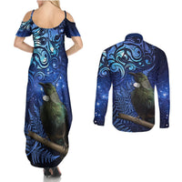 New Zealand Tui Bird Matariki Couples Matching Summer Maxi Dress and Long Sleeve Button Shirt Maori New Year with Galaxy Fern LT03 - Polynesian Pride