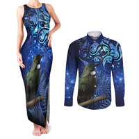 New Zealand Tui Bird Matariki Couples Matching Tank Maxi Dress and Long Sleeve Button Shirt Maori New Year with Galaxy Fern LT03 Blue - Polynesian Pride