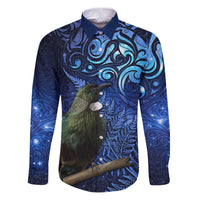 New Zealand Tui Bird Matariki Family Matching Puletasi and Hawaiian Shirt Maori New Year with Galaxy Fern LT03 Dad's Shirt - Long Sleeve Blue - Polynesian Pride