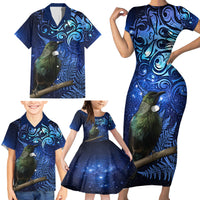 New Zealand Tui Bird Matariki Family Matching Short Sleeve Bodycon Dress and Hawaiian Shirt Maori New Year with Galaxy Fern LT03 - Polynesian Pride