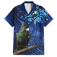 New Zealand Tui Bird Matariki Family Matching Short Sleeve Bodycon Dress and Hawaiian Shirt Maori New Year with Galaxy Fern LT03 Dad's Shirt - Short Sleeve Blue - Polynesian Pride